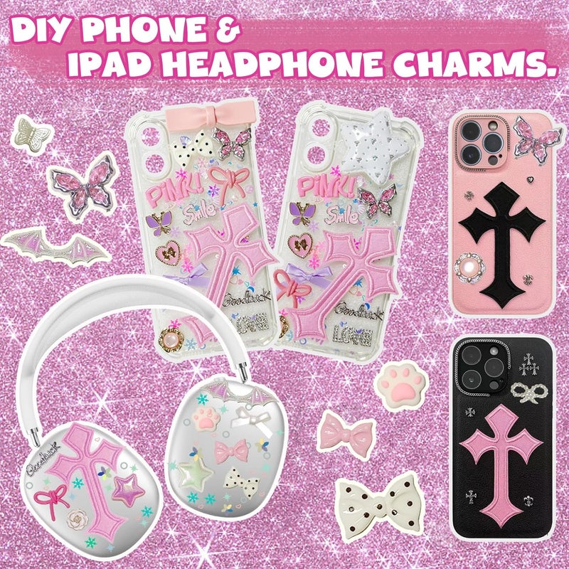 Wovelli Junk Phone Case Making Kit: Big Cute Pink Bow Charms Resin Flatback Pearls Rhinestone Letters for Phone Case, Nail Bling Charm, Decorating Kit for Girls Adults - Image 3